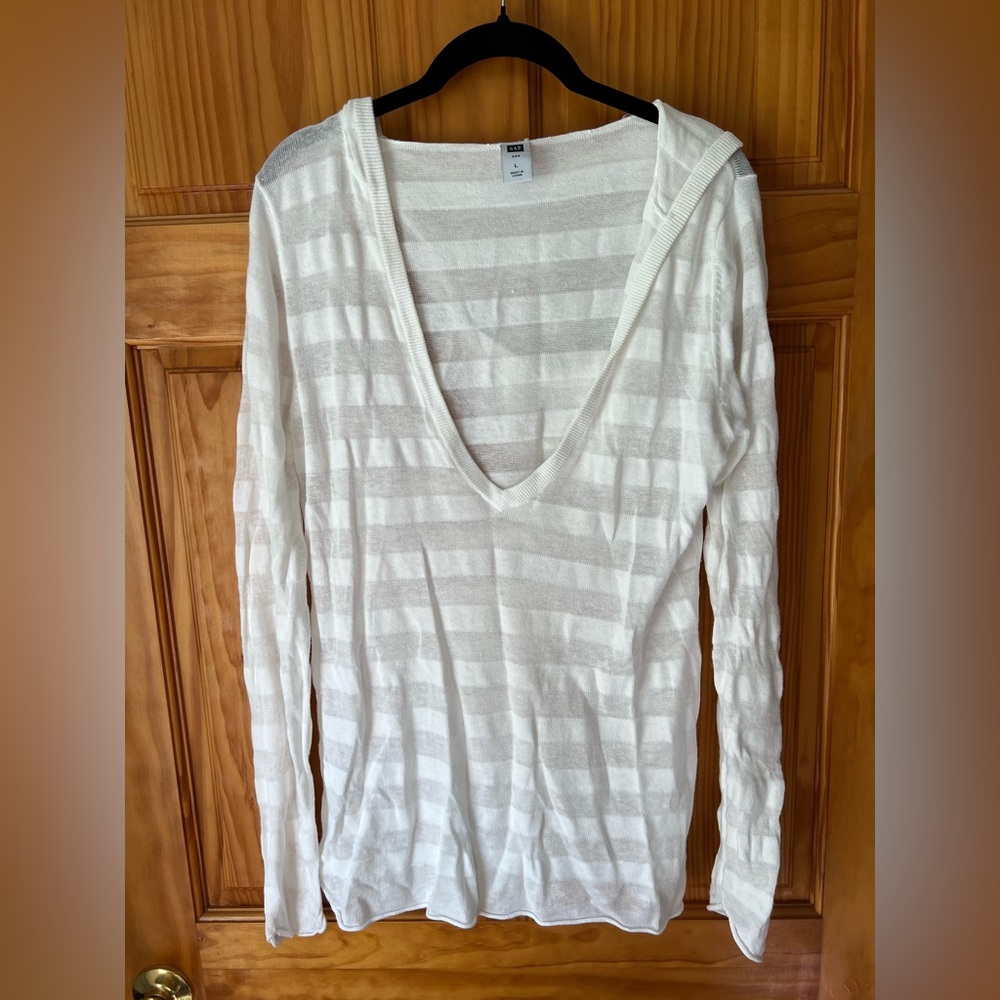 GAP White Striped Long Sleeve Hooded Top